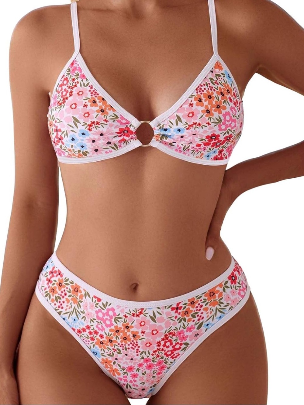Floral Pink Ring-Front Women's Swim Bikini Set h